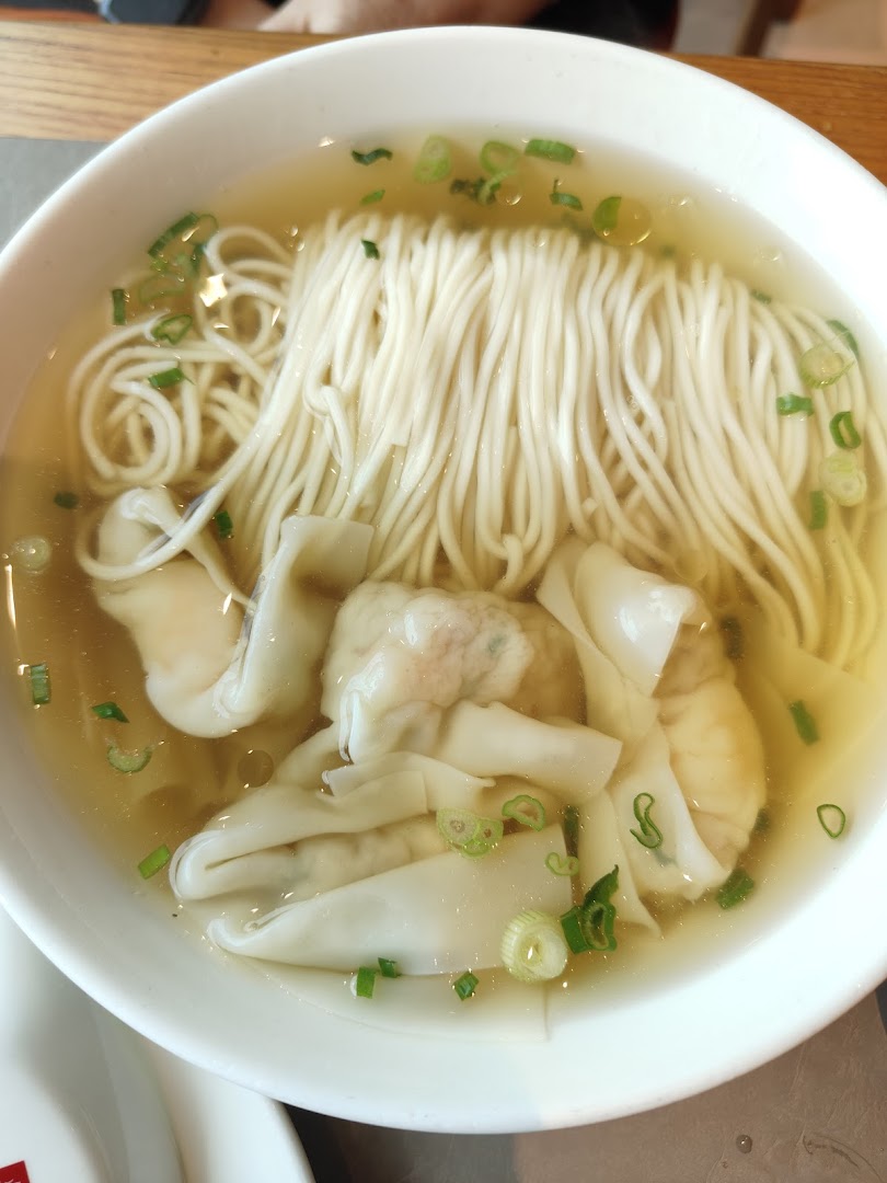 A close-up of a bowl of clear noodle soup with dumplings and chopped spring onions.