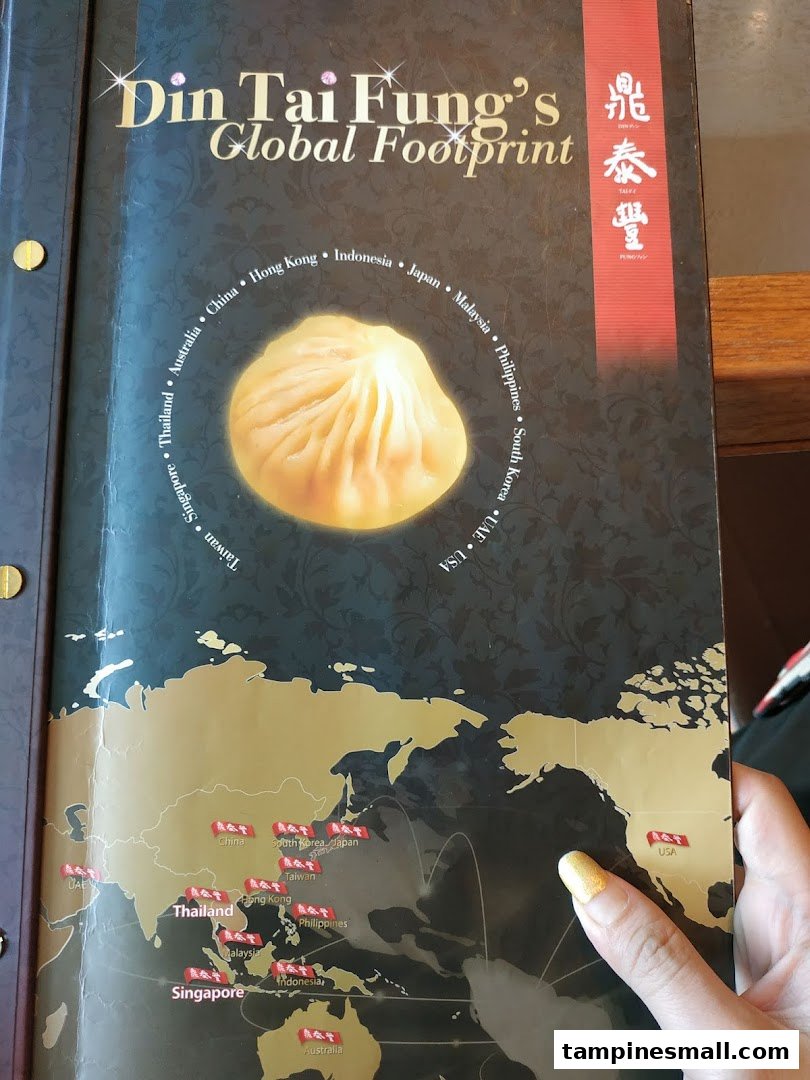 The cover of a Din Tai Fung booklet showcasing its global presence with a map and signature xiao long bao.