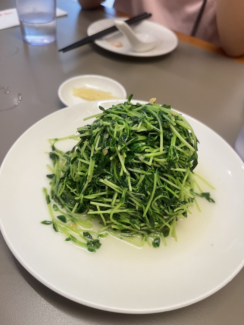 A plate of vibrant green stir-fried pea shoots with a light sauce on a dining table.
