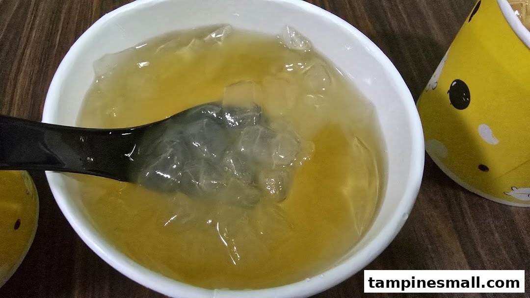 A white bowl filled with a clear, amber-colored jelly dessert and a black spoon.