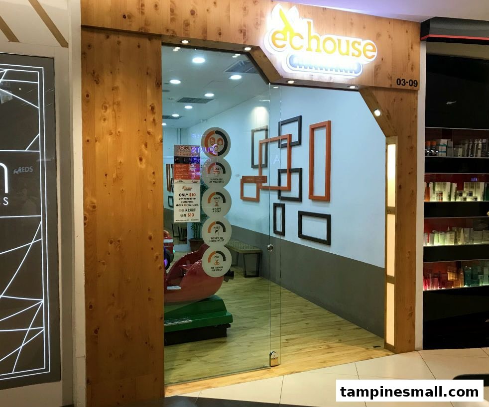 The inviting wooden entrance of EC House, a hair salon, featuring a clear glass door and signage.