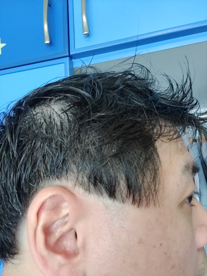 Close-up of a person's head showcasing a fresh haircut with a modern fade and longer top.
