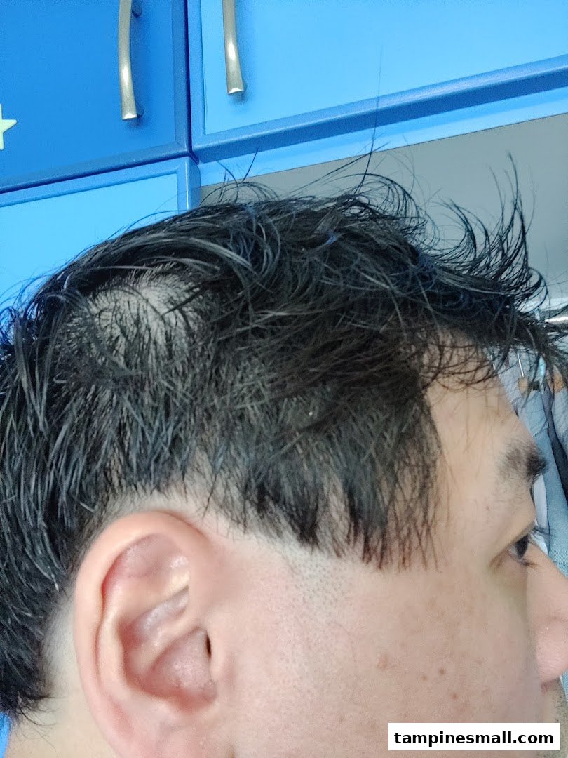 Close-up of a person's head showcasing a fresh haircut with a modern fade and longer top.