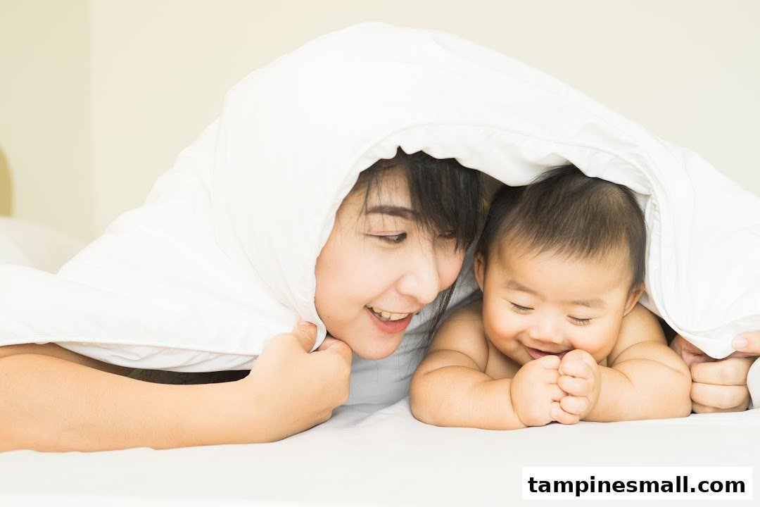 A mother and baby smiling under a white blanket, symbolizing comfort and family moments.