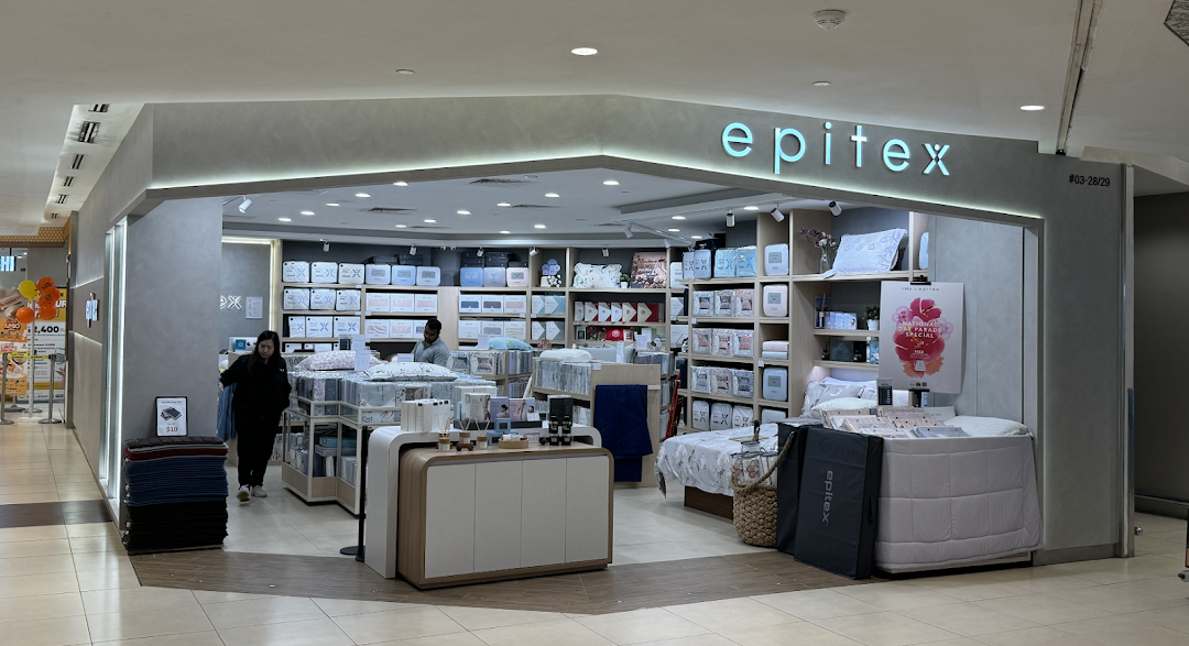 The Epitex shop entrance at Tampines Mall, showcasing a wide array of bedding and home linen products.