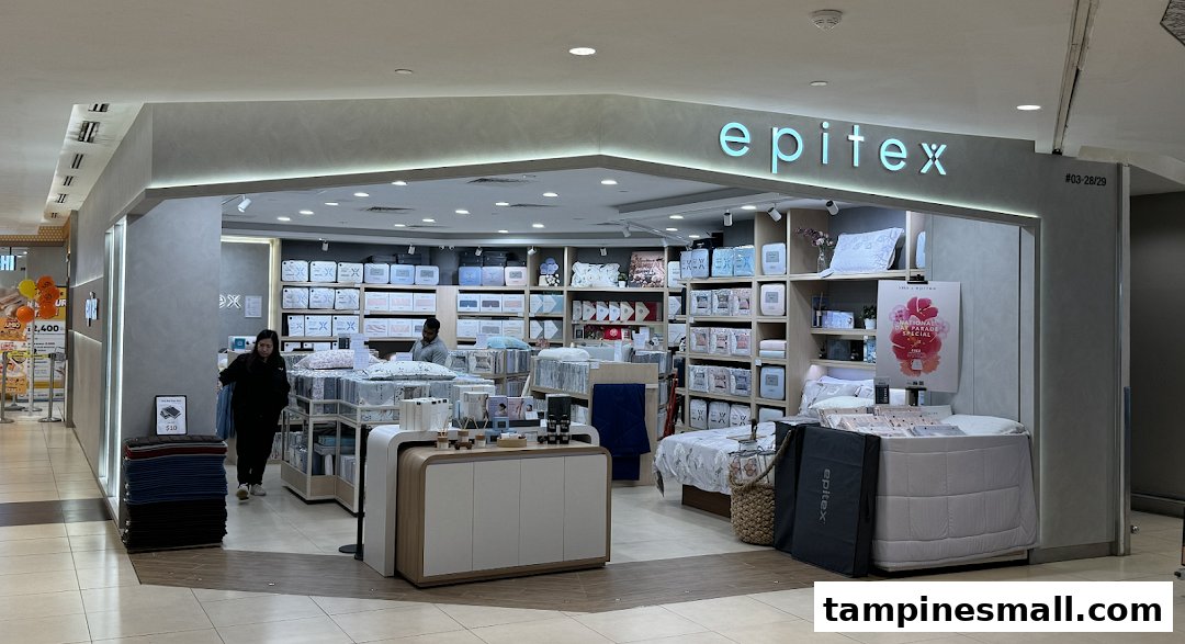 The Epitex shop entrance at Tampines Mall, showcasing a wide array of bedding and home linen products.