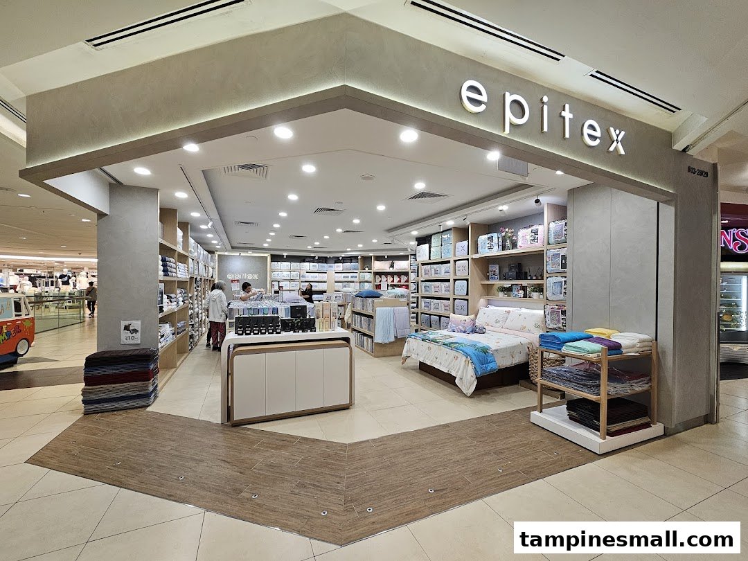 The inviting entrance of Epitex, a home textiles store, showcasing a wide array of bedding and bath essentials.