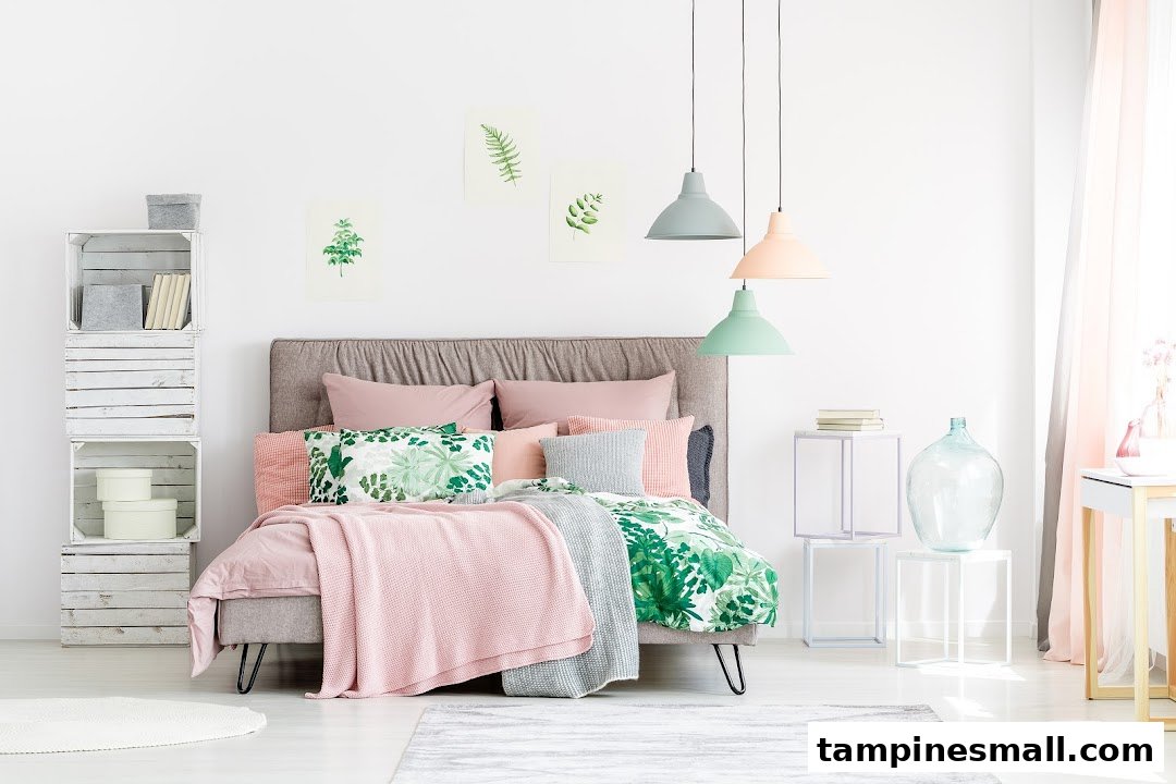 A beautifully styled bedroom featuring soft pink and green bedding, decorative pillows, and modern home decor.
