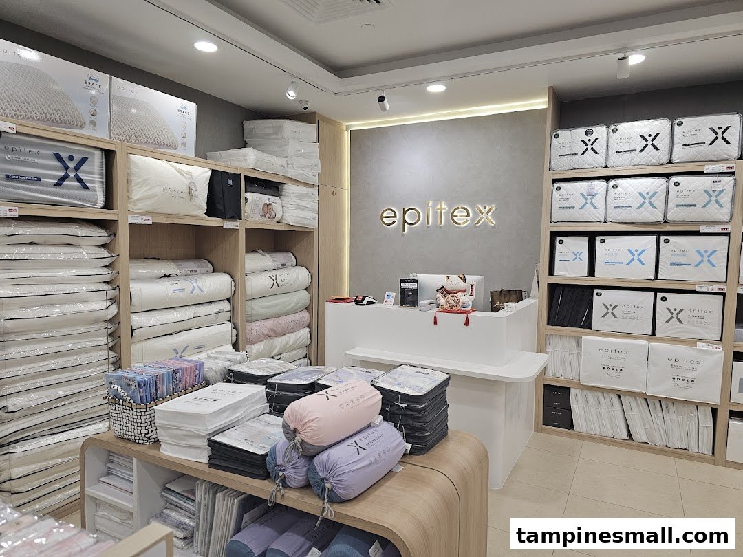 Interior view of Epitex store showcasing a wide range of bedding products and the service counter.