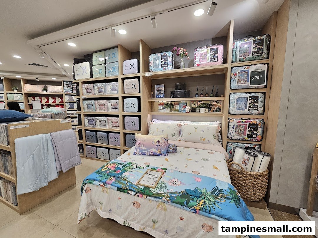An interior view of Epitex, showcasing a vibrant display bed and shelves filled with bedding and linen products.