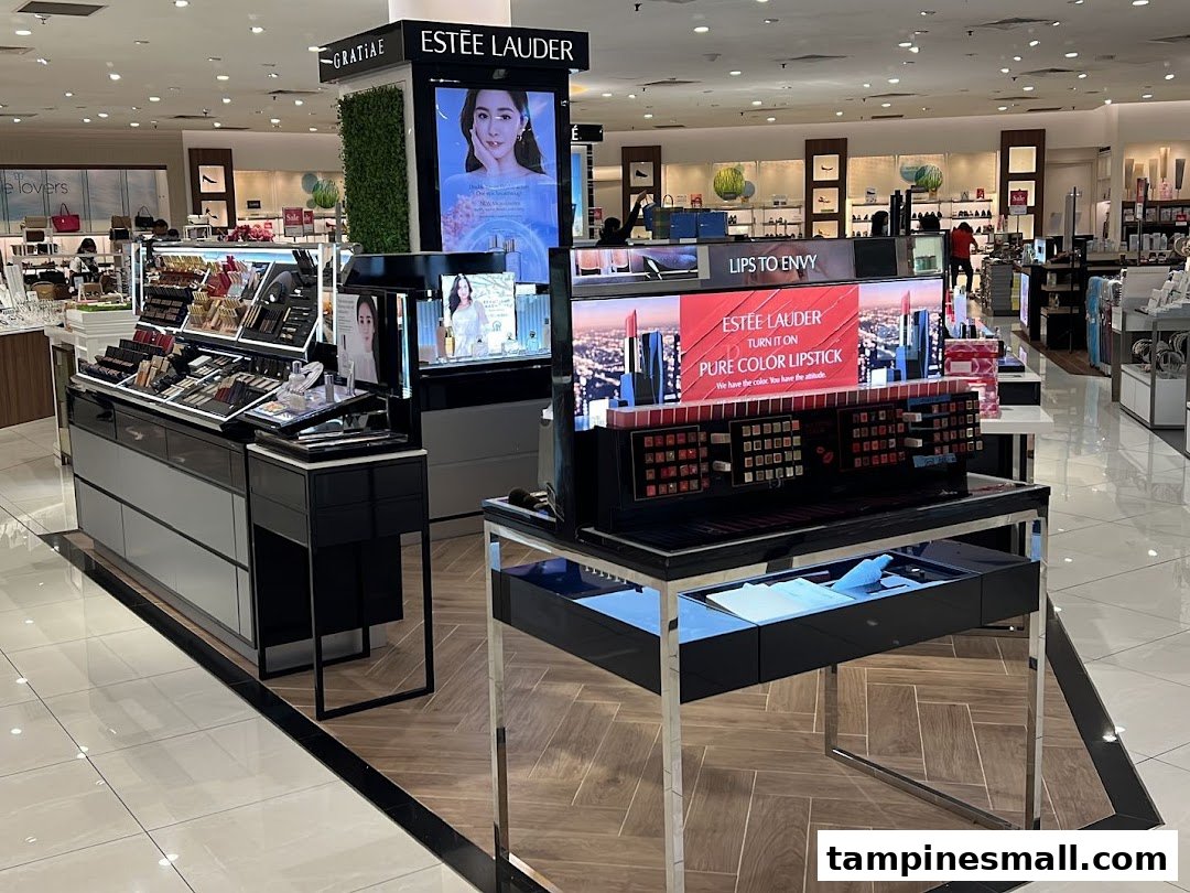 An Estée Lauder beauty counter showcasing makeup and skincare products within a department store.