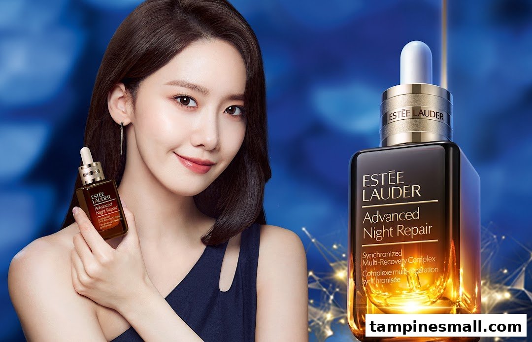 A model holding Estée Lauder Advanced Night Repair serum, with a larger product bottle displayed.
