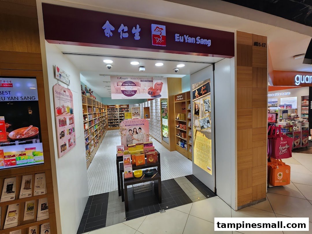 The inviting shop front of Eu Yan Sang, showcasing its traditional Chinese medicine and wellness products.