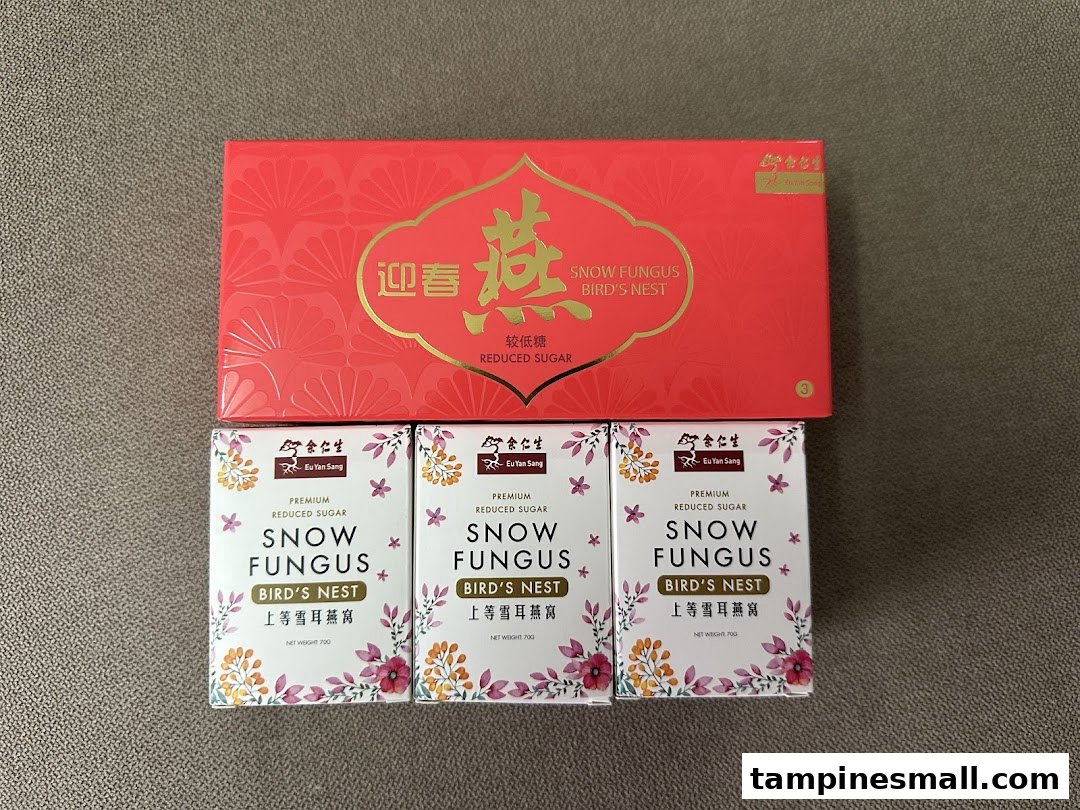 A display of Eu Yan Sang's Premium Reduced Sugar Snow Fungus Bird's Nest products.