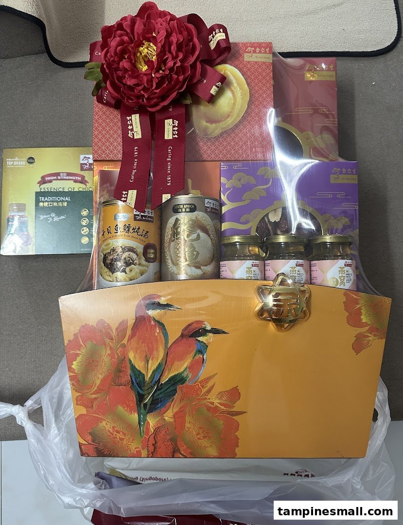A festive gift basket from Eu Yan Sang featuring traditional health and wellness products.