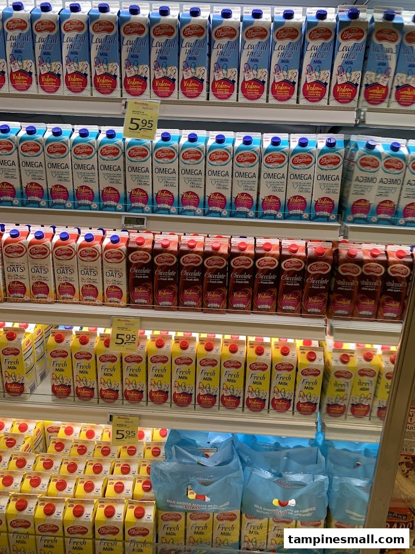 A refrigerated display shelf filled with various Magnolia brand milk cartons in a supermarket.