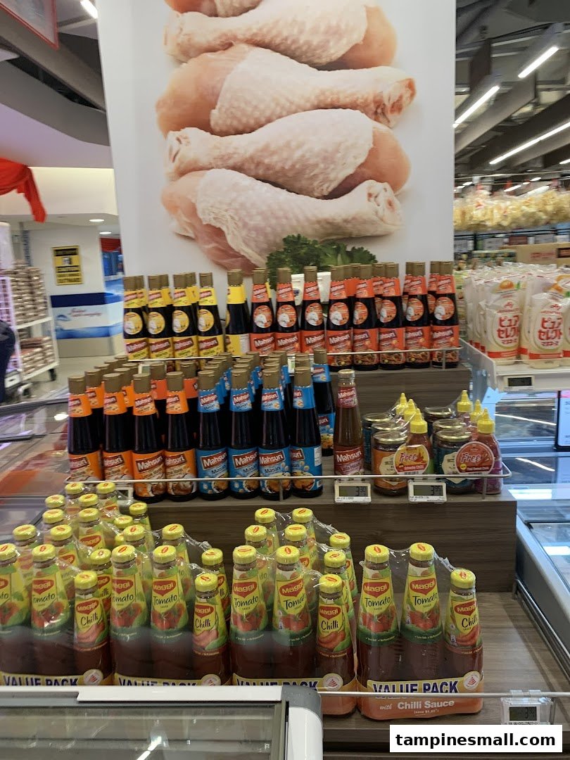 A supermarket aisle featuring a display of various sauces, including Maggi and Mahsuri brands, with a large chicken poster.