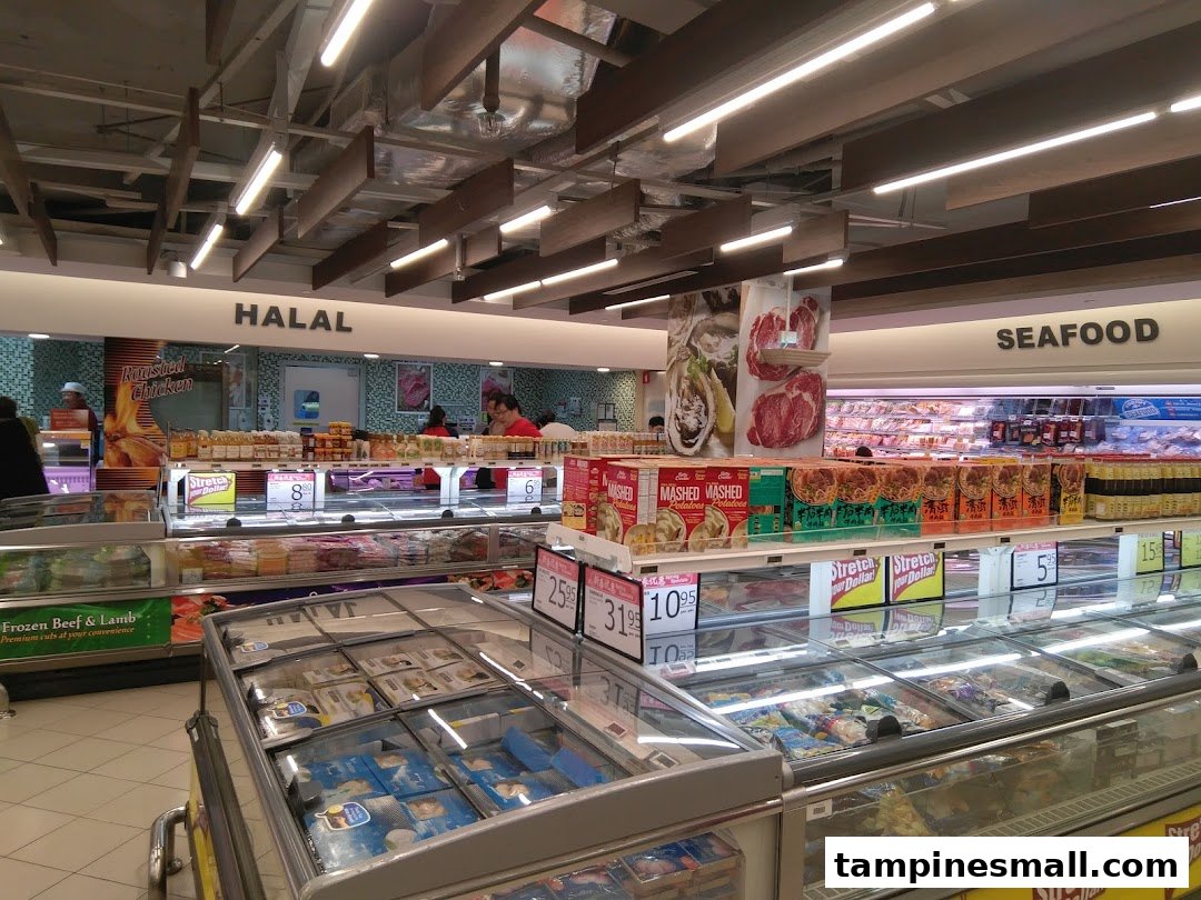 Interior view of FairPrice supermarket showcasing fresh food sections like Halal and Seafood, with refrigerated displays.