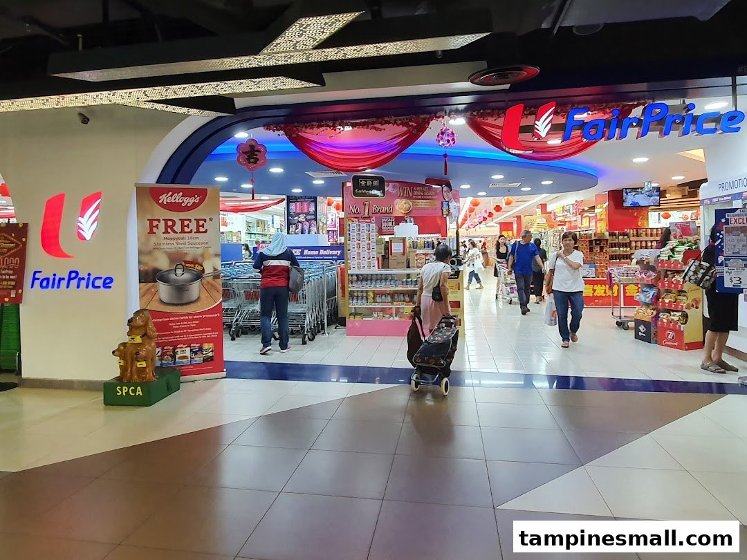 Bustling entrance of FairPrice supermarket with shoppers and promotional displays.