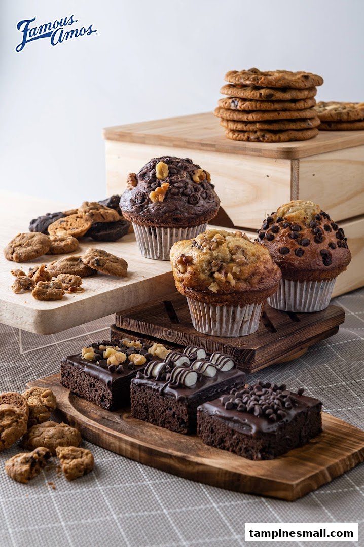 A delightful display of Famous Amos cookies, muffins, and brownies on wooden serving boards.