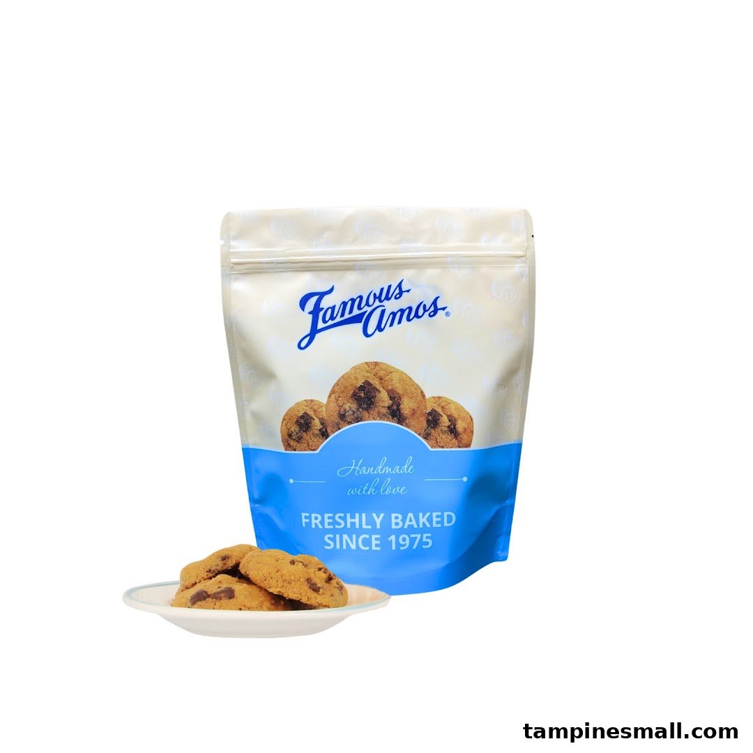 A Famous Amos cookie bag and freshly baked chocolate chip cookies on a white plate.
