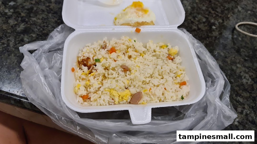 A takeaway container of fried rice with egg and various ingredients on a dark surface.