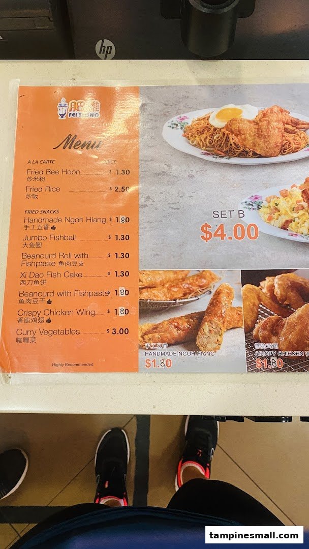 A vibrant menu display for Fei Siong, showcasing a variety of local delights and their prices.
