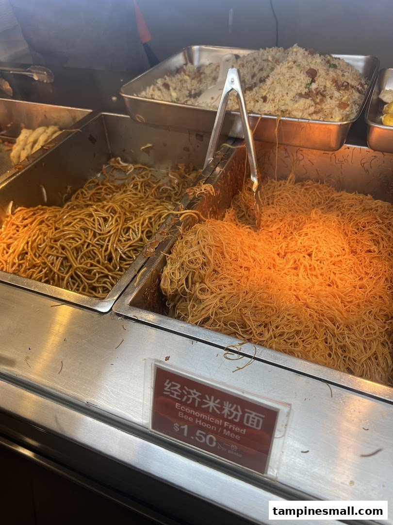 Trays of economical fried bee hoon, mee, and fried rice ready for serving at Fei Siong.