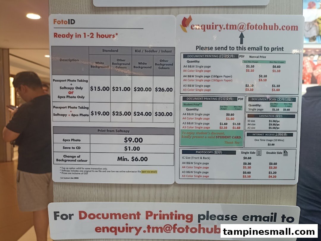 A detailed price list for FotoHub's photo, printing, scanning, lamination, and internet services.