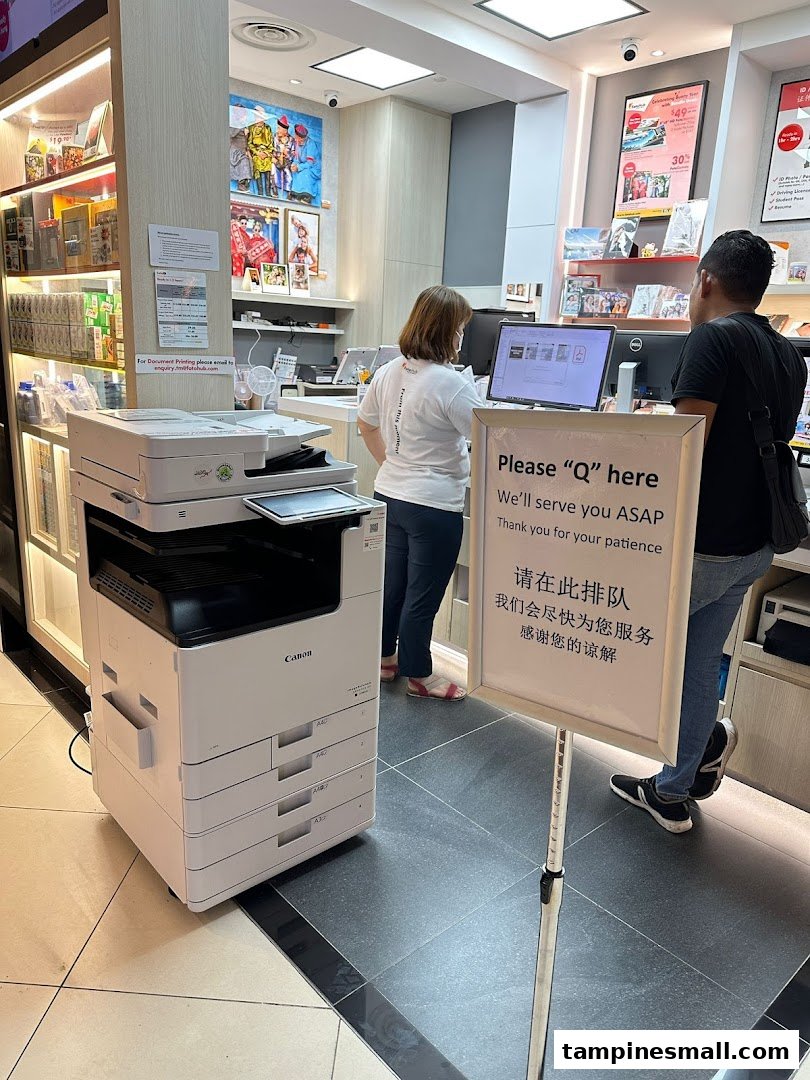 Customers and staff at FotoHub, featuring a large Canon printer and a queue sign for service.