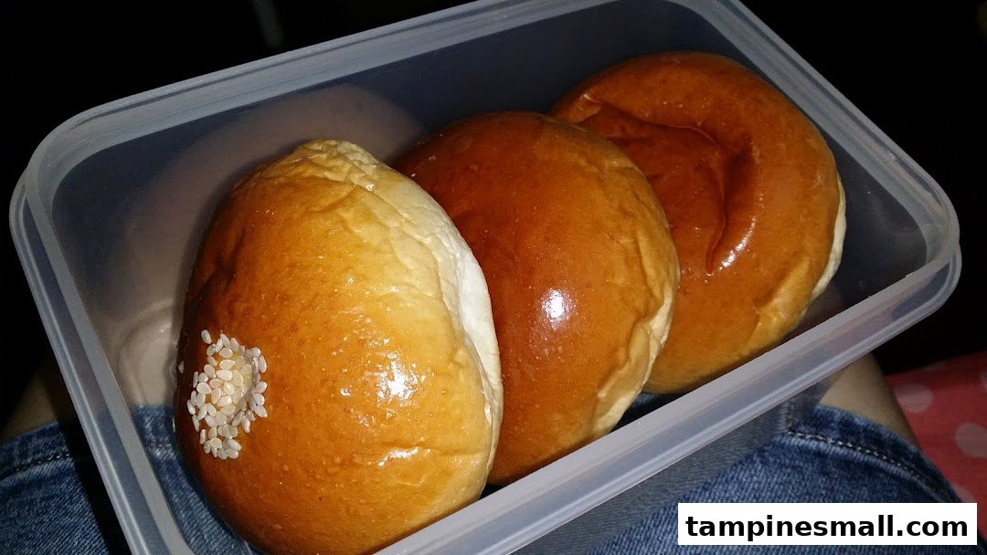 Three golden-brown bread rolls, one with sesame seeds, in a clear plastic container.
