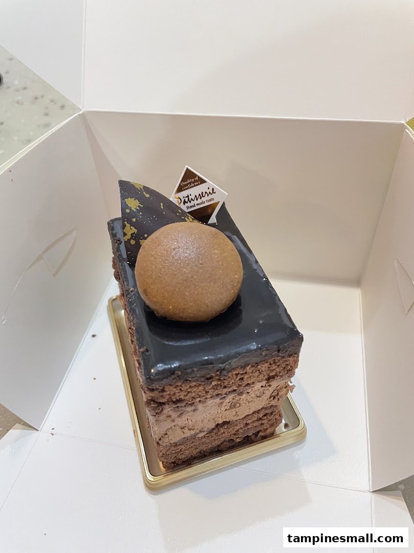 A rich chocolate cake slice with glossy glaze and a decorative topping, presented in a white box.