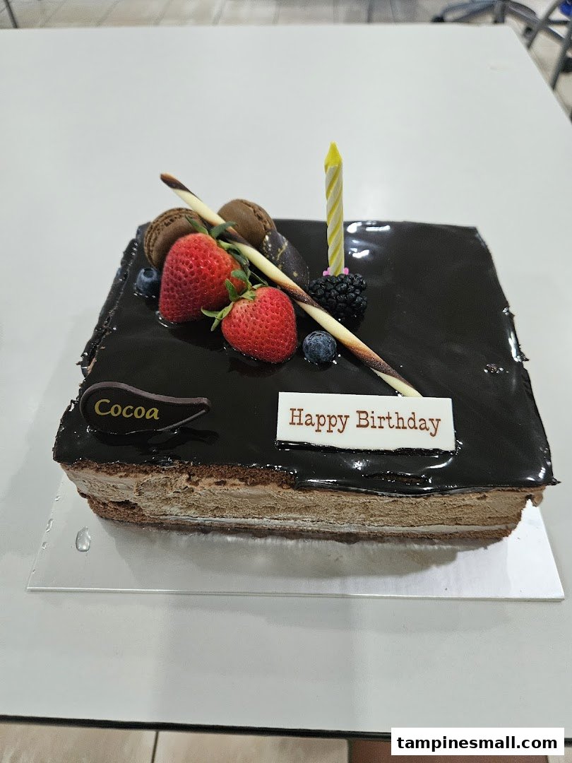 A delicious square chocolate birthday cake adorned with fresh berries, macarons, and a candle.