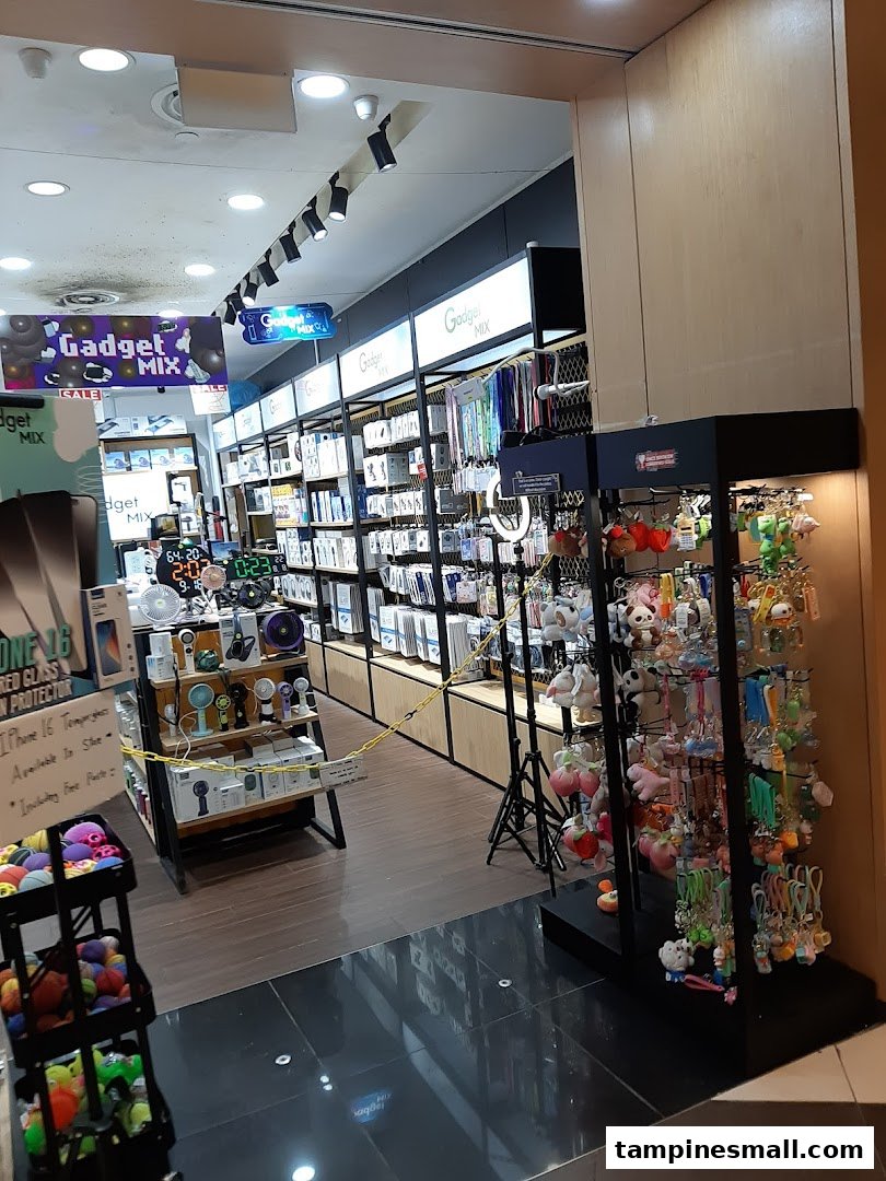View of Gadget Mix shop entrance, showcasing electronic accessories and tech gadgets inside.