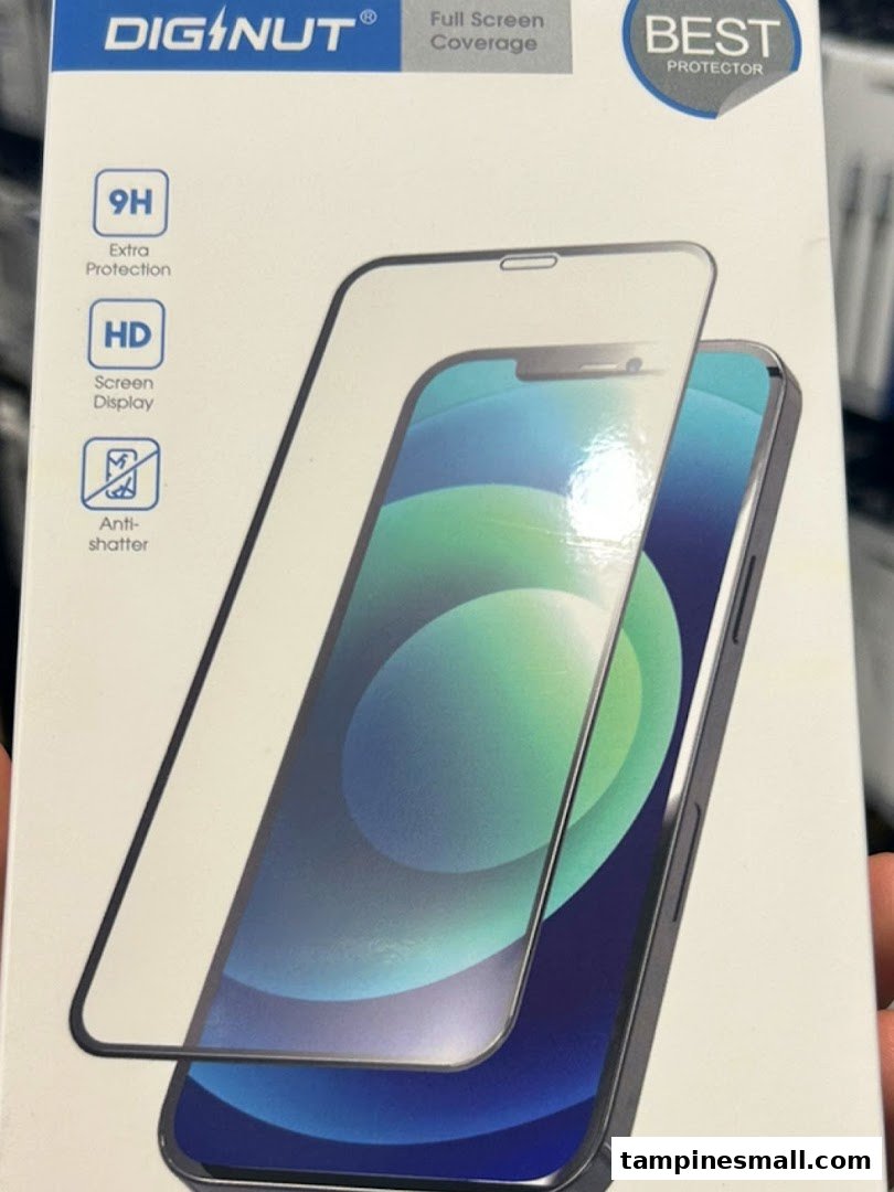 Close-up of a DIGNUT screen protector box for a smartphone, highlighting its features.