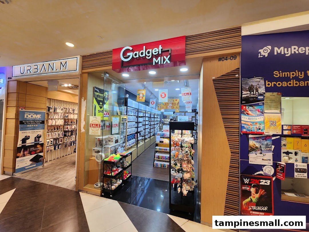 The storefront of Gadget Mix, an electronics and accessories shop, with its interior visible.