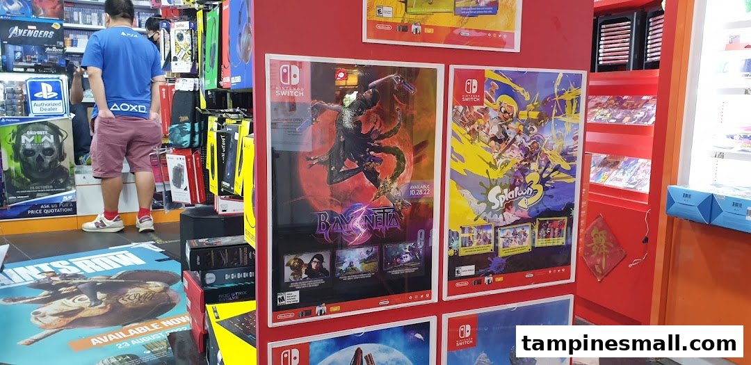 Interior view of GameXtreme Tampines, showcasing game posters, accessories, and a customer browsing.