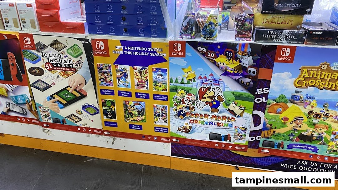 Promotional posters for Nintendo Switch games and accessories displayed in a retail shop.