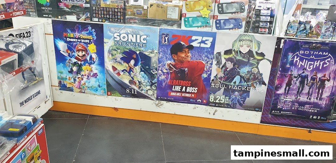Interior view of GameXtreme Tampines, showcasing video game posters and merchandise.