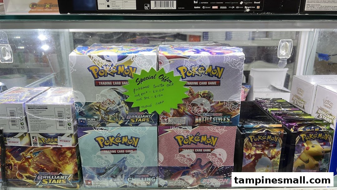 A display case filled with various Pokémon Trading Card Game booster boxes and packs, featuring a special offer.