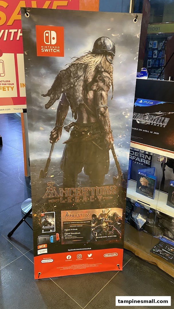 A promotional banner for 'Ancestors Legacy' on Nintendo Switch inside a GameXtreme store.