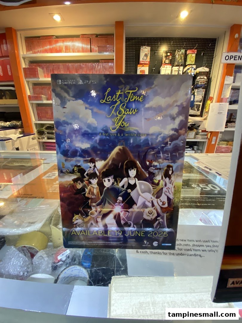 A prominent game poster for 'Last Time I Saw You' displayed on a counter inside a gaming shop.