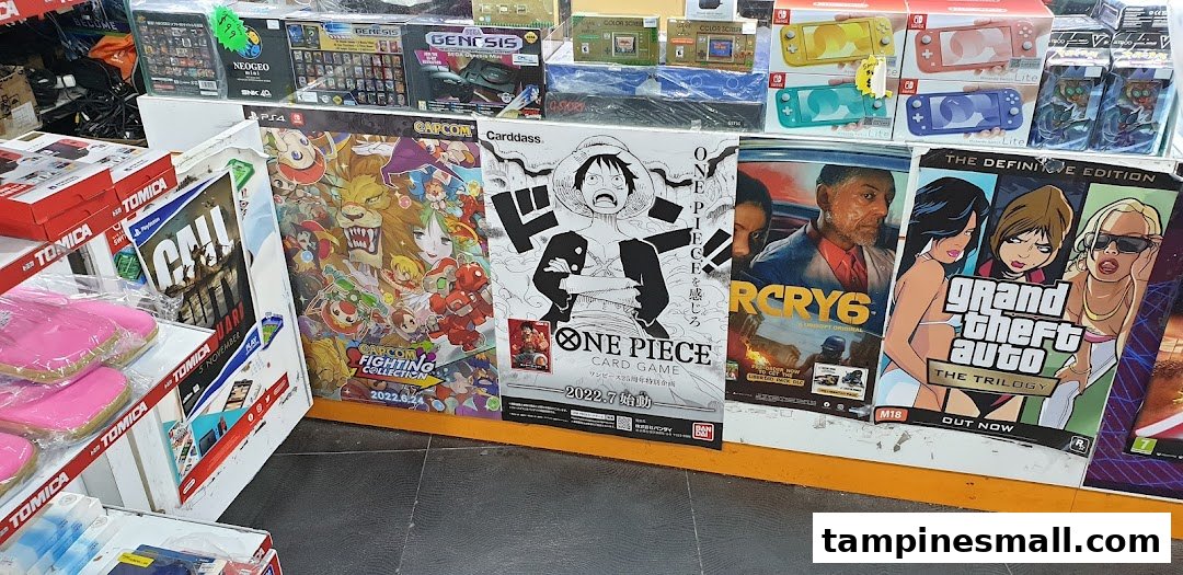 A vibrant display of video game posters, consoles, and merchandise at GameXtreme Tampines.