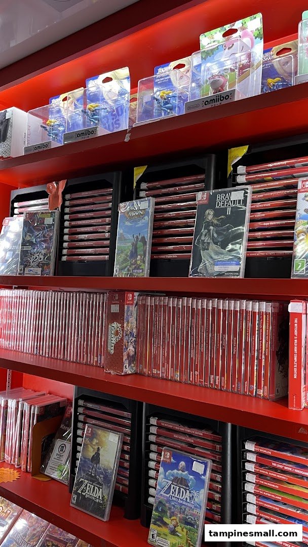 Shelves filled with a wide selection of Nintendo Switch games and amiibo figures.
