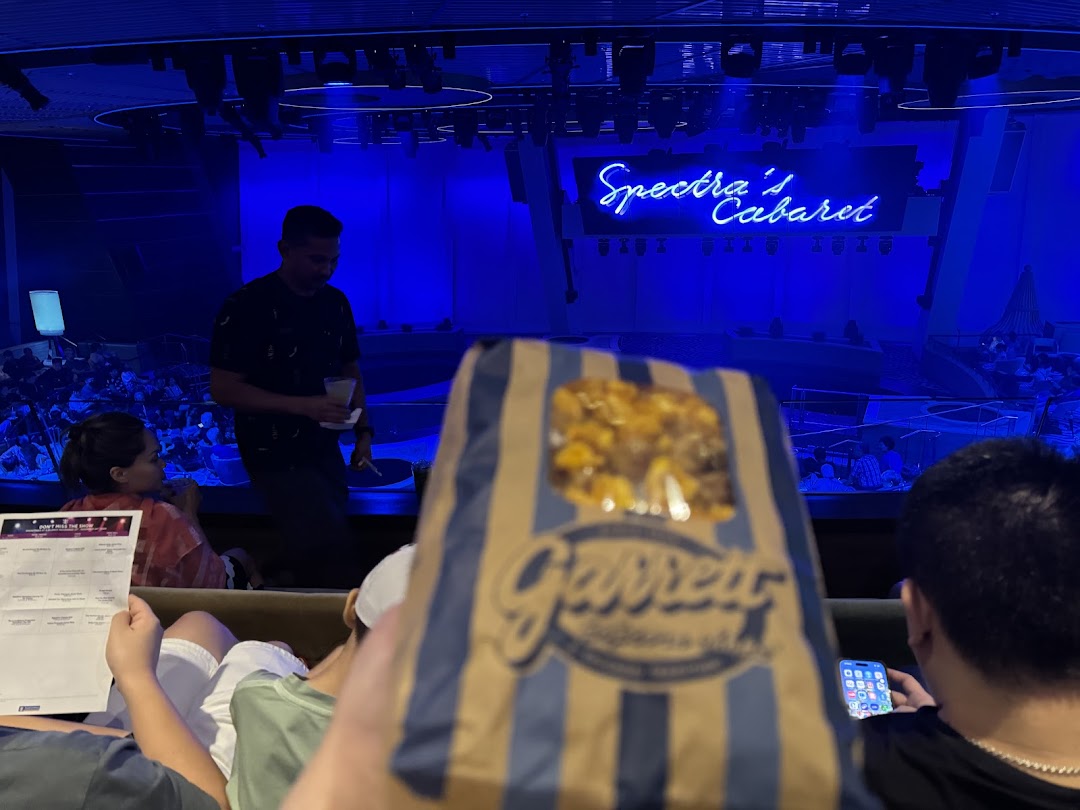 Enjoying Garrett Popcorn during a live performance at Spectra's Cabaret.