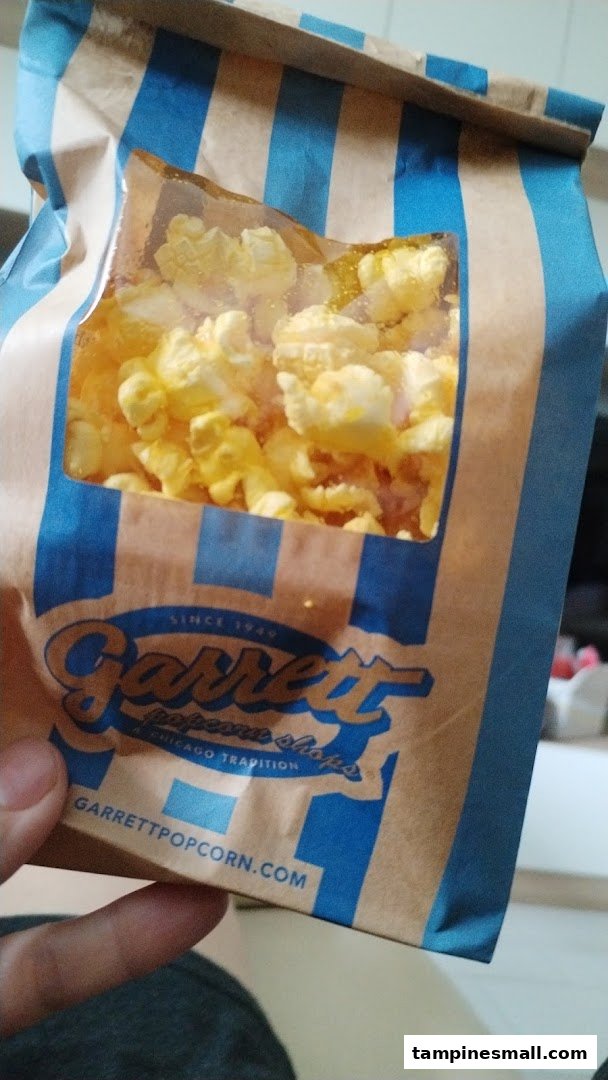 A hand holds a brown and blue striped bag of Garrett Popcorn, filled with yellow popcorn.