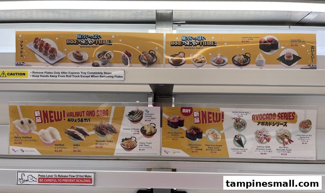 A vibrant display of sushi and Japanese dishes, showcasing new and seasonal menu items on a conveyor belt system.