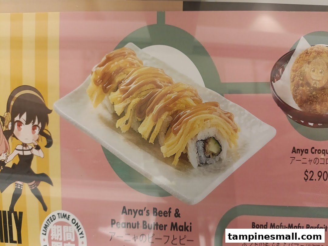 A menu display featuring special collaboration items like Anya's Beef & Peanut Butter Maki and Anya Croque.