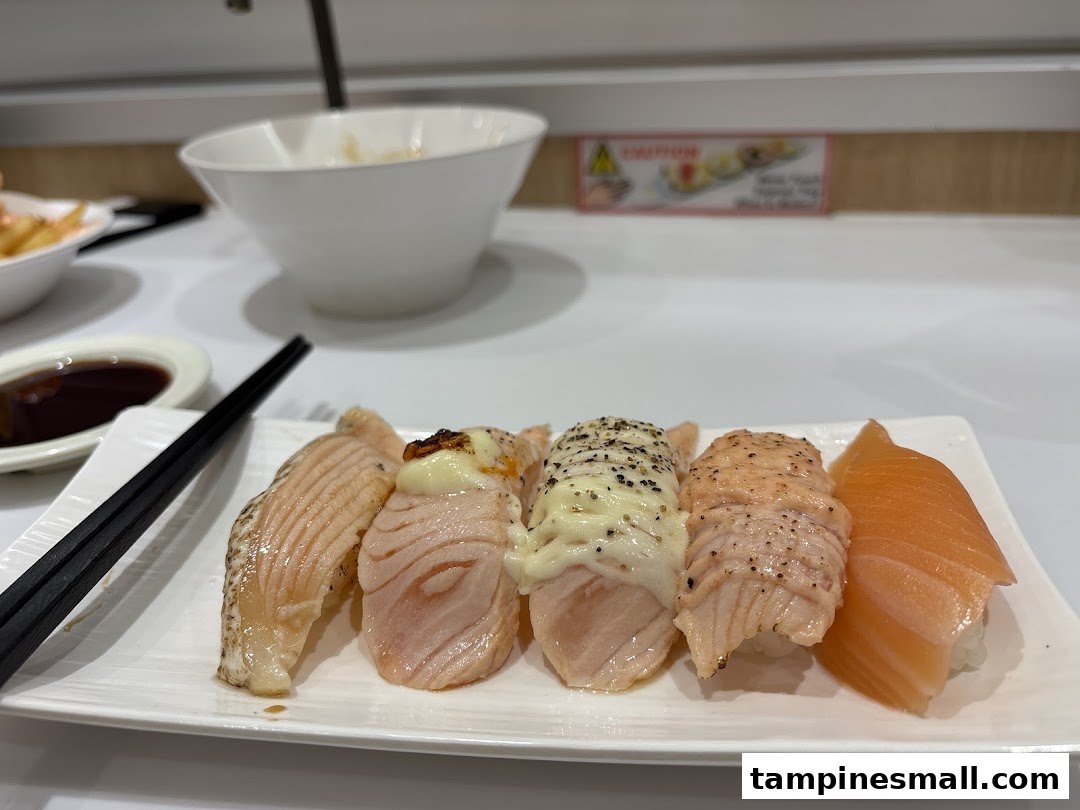 A plate of fresh salmon sushi, including seared and plain varieties, served with chopsticks and soy sauce.