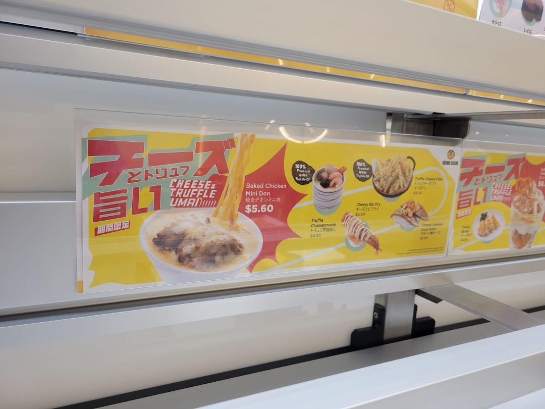 A promotional display showcasing Genki Sushi's limited-time cheese and truffle themed menu items.
